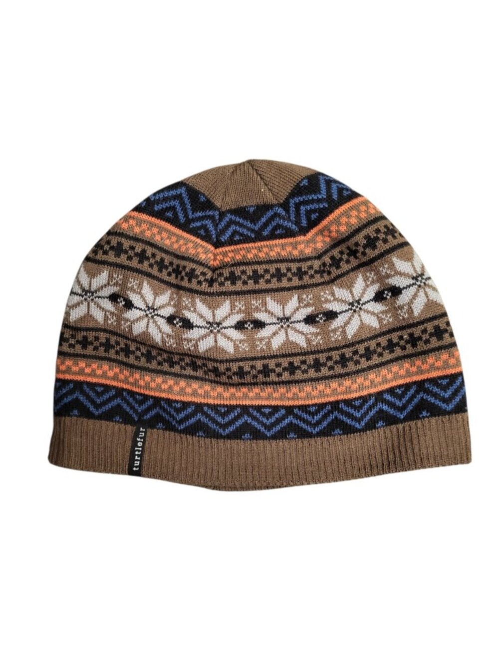 Turtle Fur Beanie Ski Cap Brown Multicolor Snowflake Pattern Wool Blend